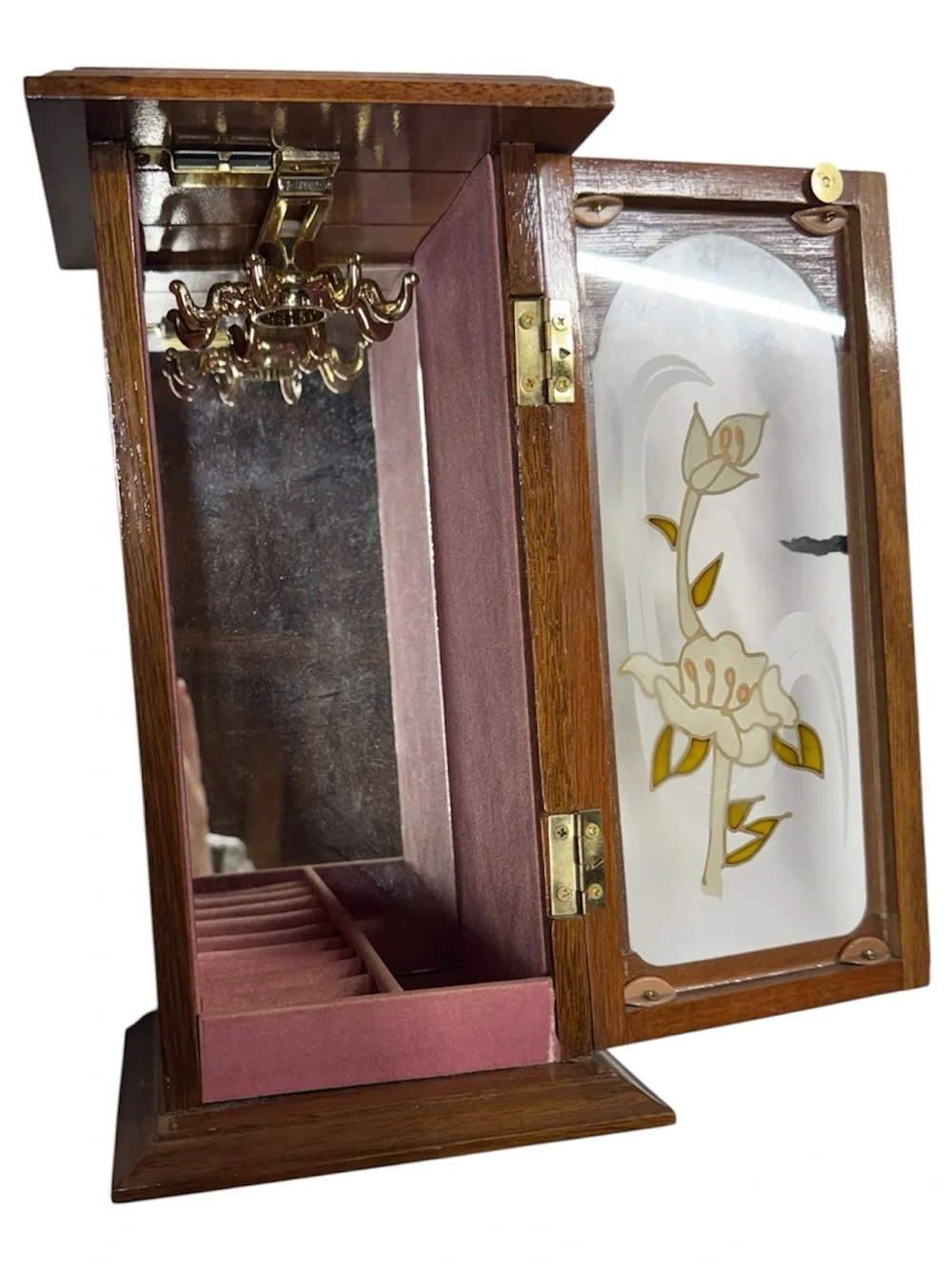 Rosalco 1987 vintage jewelry box holder with stained glass lily on hinged door